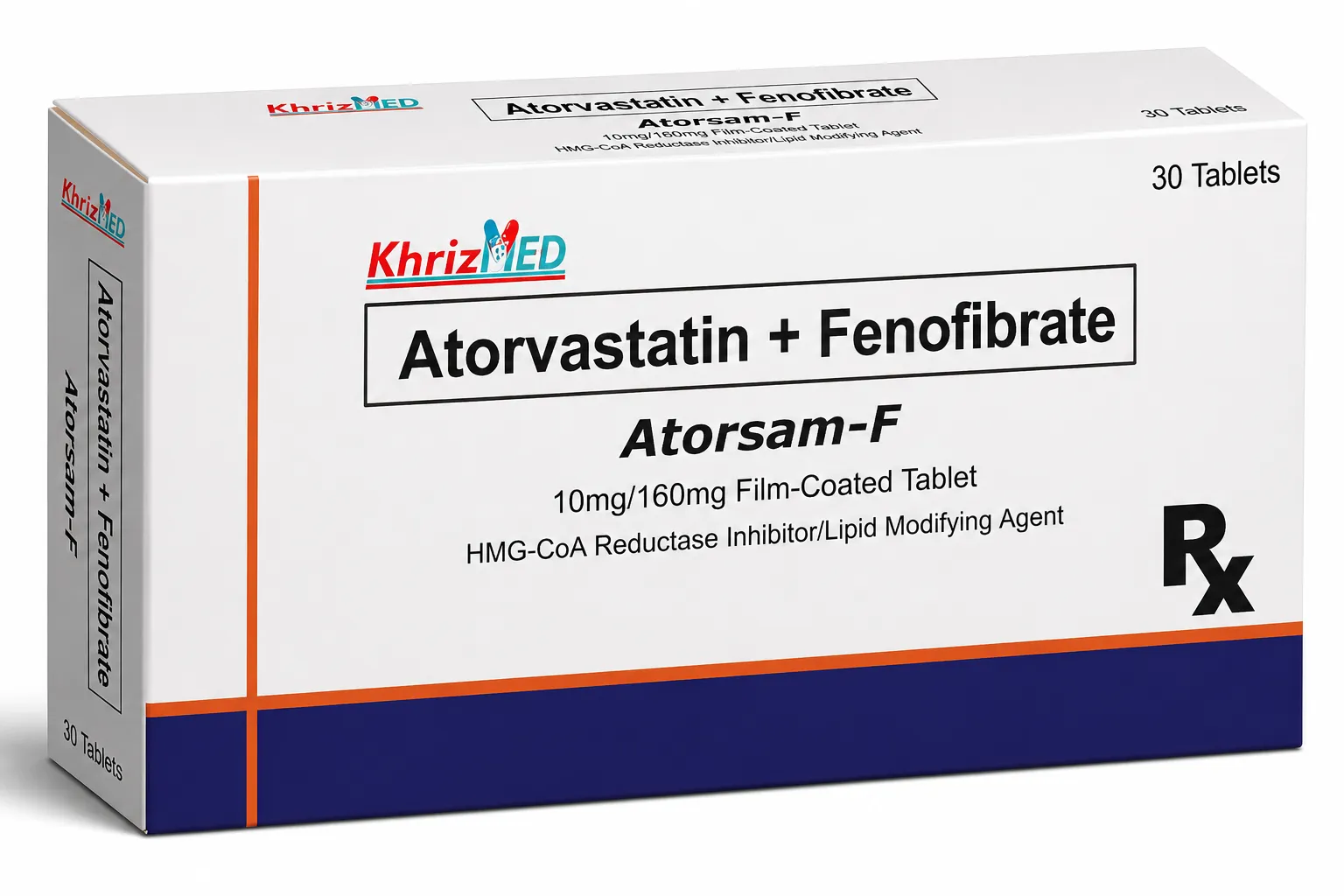 Atorsam-F carton, Atorvastatin plus Fenofibrate 10 mg/160 mg film-coated tablet, box of 30 tablets
