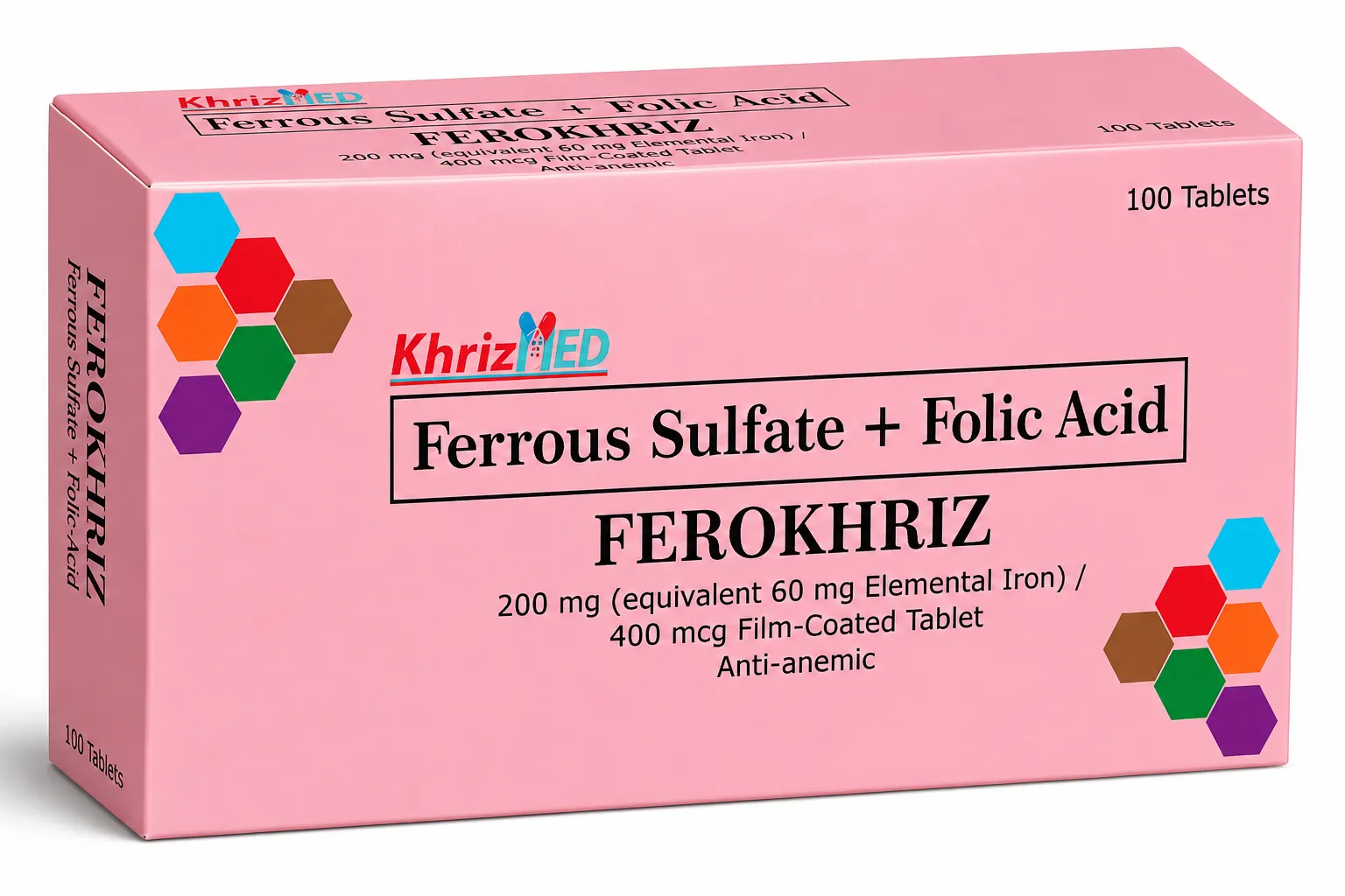 Ferokhriz carton, Ferrous Sulfate plus Folic Acid film-coated tablet, box of 100 tablets