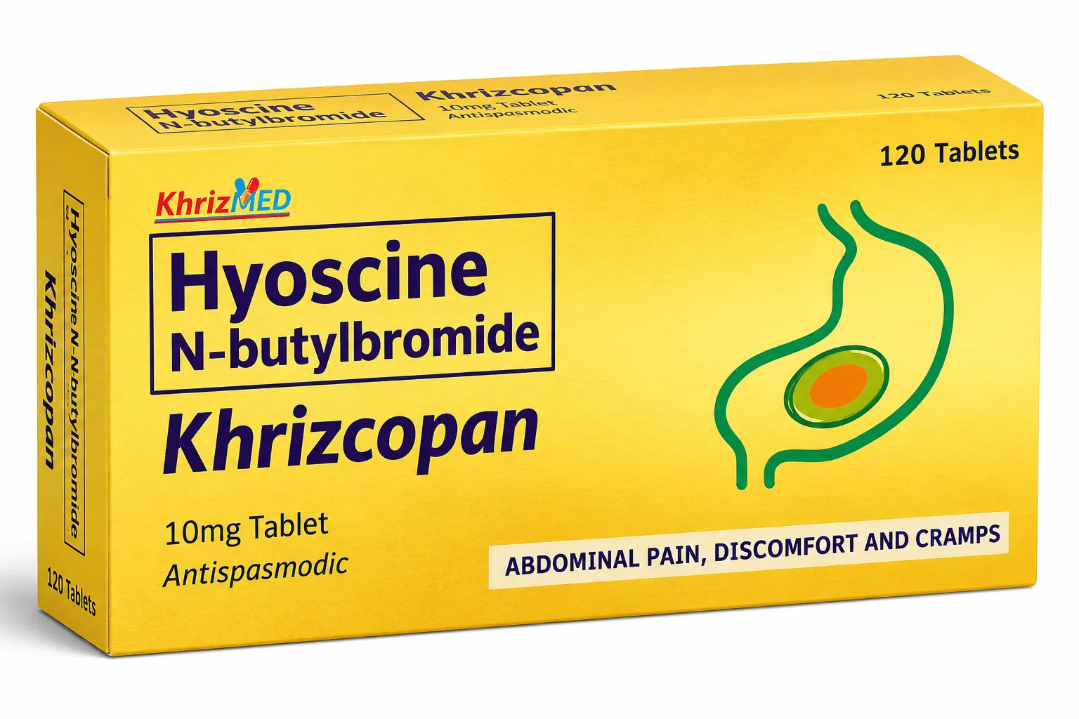 Khrizcopan carton, Hyoscine N-butylbromide 10 mg tablet, box of 120 tablets
