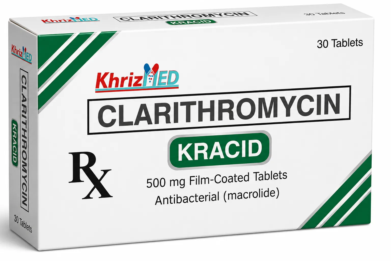 Kracid carton, Clarithromycin 500 mg film-coated tablets, box of 30 tablets