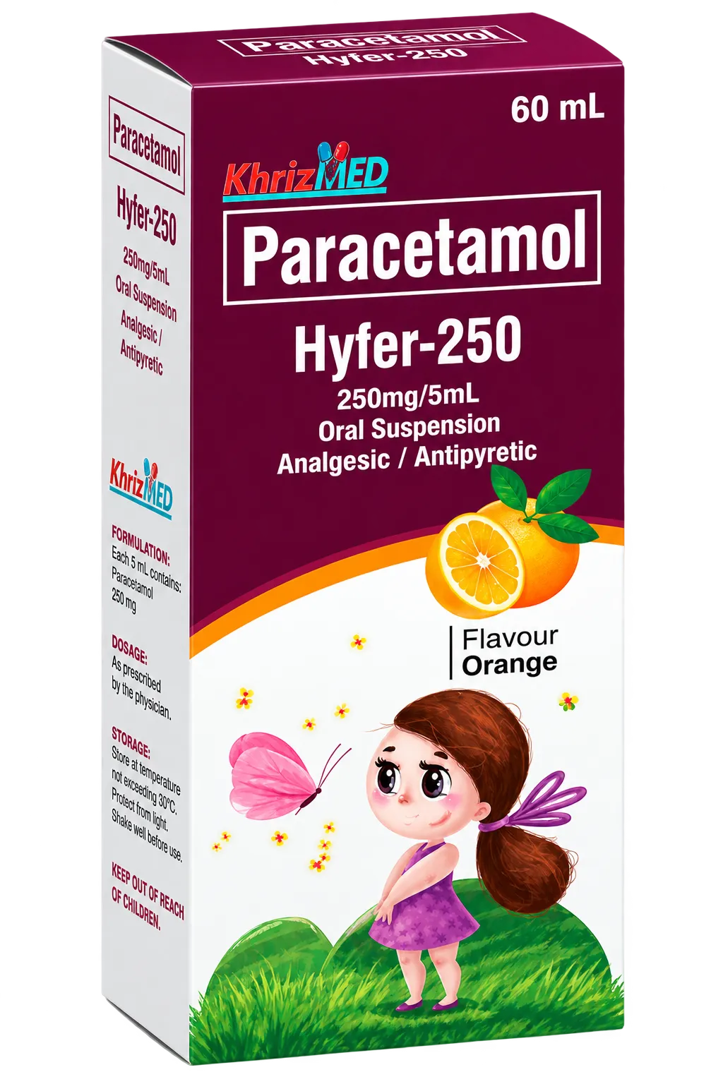 Hyfer-250 carton, Paracetamol 250 mg per 5 mL oral suspension