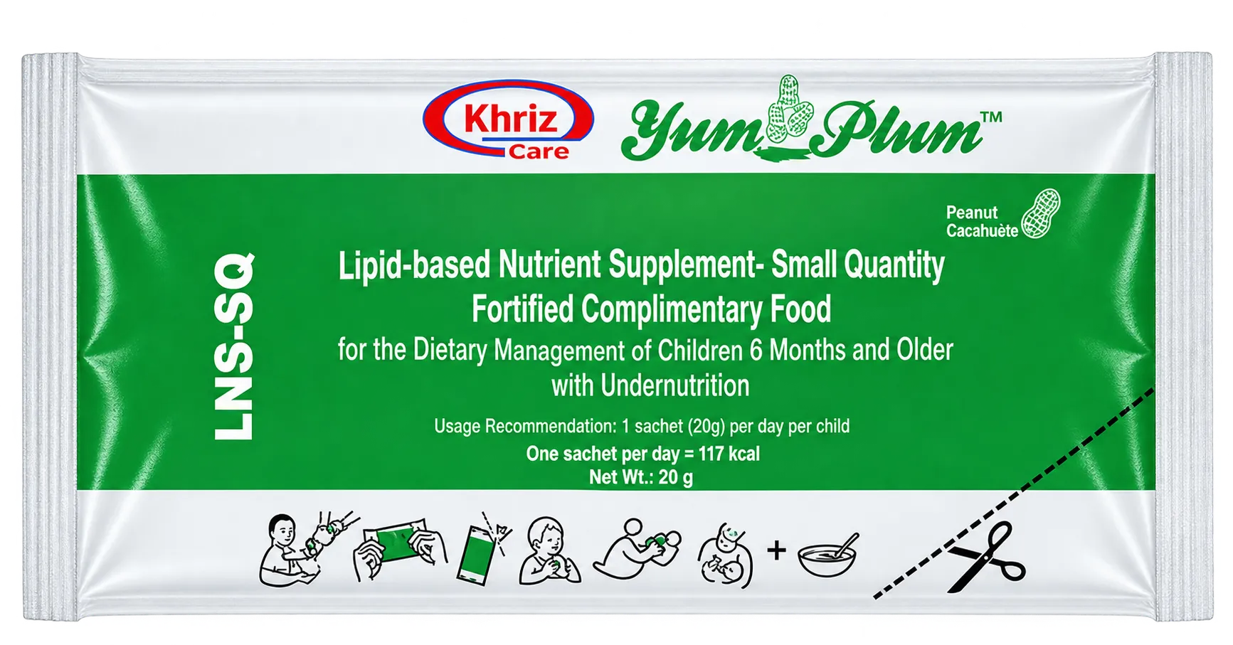 Khriz Care Yum Plum LNS-SQ sachet, small quantity lipid-based nutrient supplement