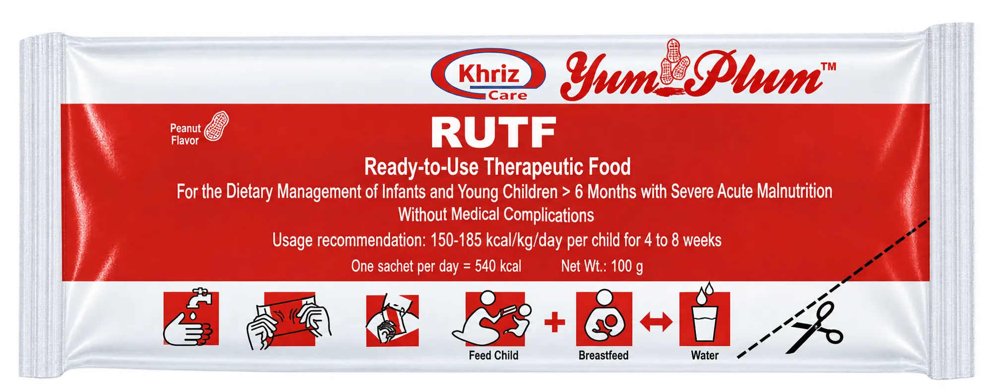 Khriz Care Yum Plum RUTF sachet, ready-to-use therapeutic food, peanut based
