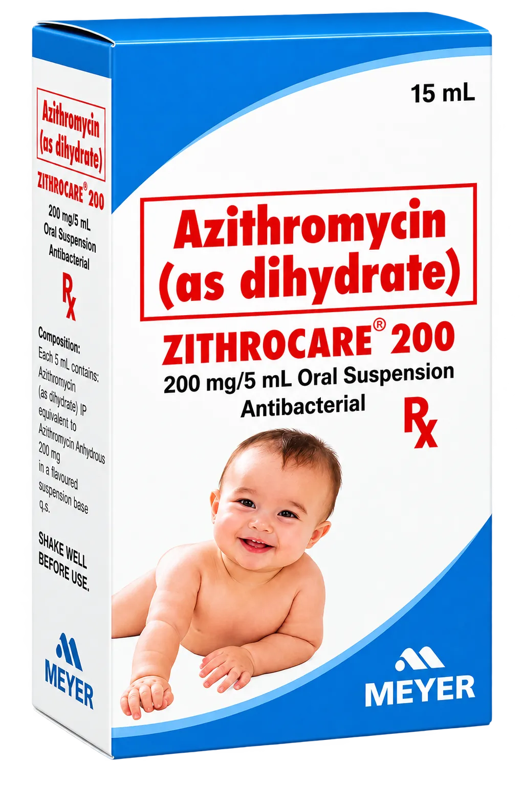 Zithrocare 200 carton, Azithromycin as dihydrate 200 mg per 5 mL oral suspension